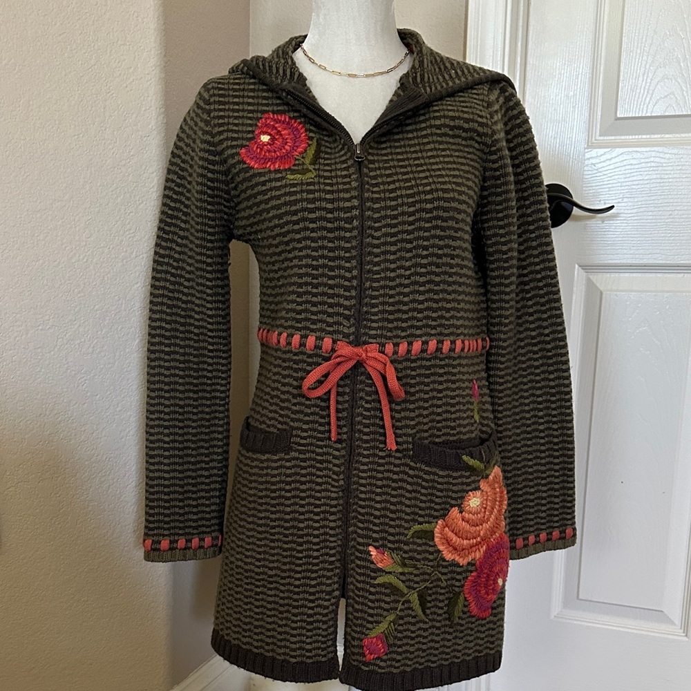 CAbi Olive Cardigan with Red Floral Embroidery